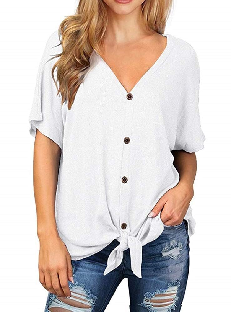 Chvity Womens Loose Henley Blouse Short Sleeve V Neck Button Down T Shirts Tie Front Knot Casual Tops 