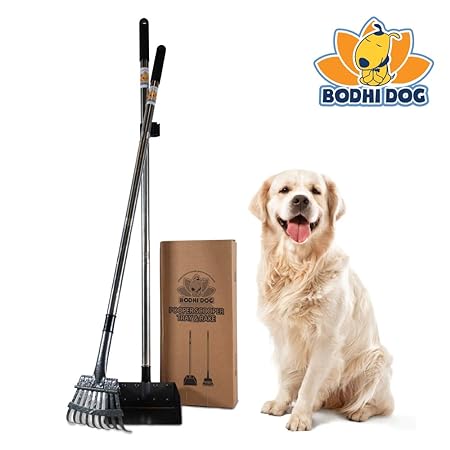 Adjustable Long Handle for Pets Great for Grass/Gravel/Dirt TNELTUEB Extra Large Pooper Scooper for Large Dogs Dog Pooper Scooper Metal Poop Tray with Rake Set 