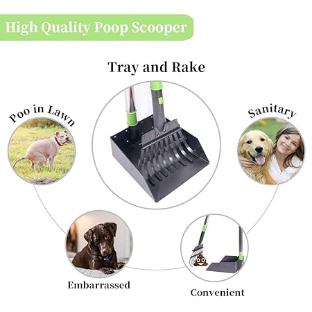 TNELTUEB Large Dog Pooper Scooper Set Extra Metal Pet Poop Tray & Rake with Adjustable Long Handle for Pet Waste Removal Scooper Great for Gravel/Grass/Street 
