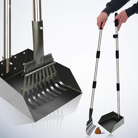 Great for Grass/Street/Gravel TNELTUEB Extra Large Dog Pooper Scooper Set Durable Metal Poop Tray with Rake Pet Waste Removal with Adjustable Long Handle for Large Dogs 