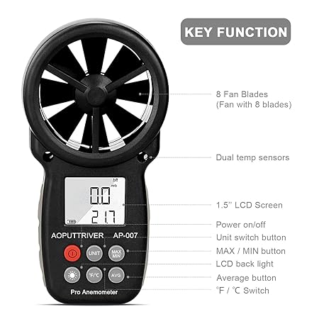MAX Up to 69mph,Wind Speed Meter Gauges for Measuring Air Flow,Temperature and Wind Chill with Backlit and Max/Min Data Record AOPUTTRIVER Digital Anemometer Handheld Tripod Included 