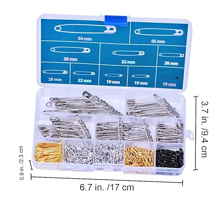 AvoDovA 540 Pcs Safety Pins 4 Sizes Small Large Safety Pins Set Nickel Plated Steel Set with Storage Box Silver Gold Black Metal Pins Safety Pins Assorted for DIY Craft Sewing Making Clothing
