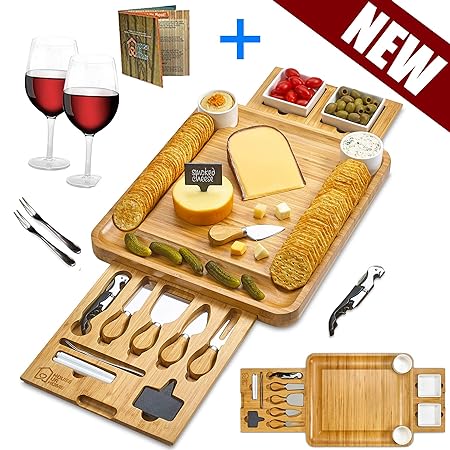 Serving Forks Men Women Birthday Markers and Wine Accessories Thanksgiving Gift Extra Large Cheese Plate Board with Hidden Magnetic Drawer holding Cheese Knives Unique Housewarming Gifts