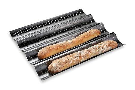 Silver） Non-stick Perforated French Baguette Bread Pan Walfos French Bread Baking Pan 4 Wave Loaves Loaf Bake Mold Toast Perforated Cooking Bakers Molding